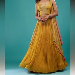 Kalki Lehenga: Amber Yellow Embroidered Skirt Crop-Top Set In Chinon (worn once)